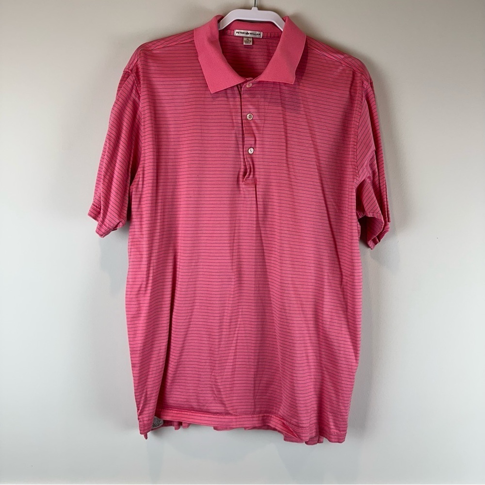 Peter Millar Pink Blue Stripe 100% Cotton Short Sleeve Golfing Polo Shirt XL